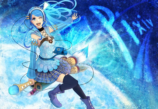Anime picture 1100x760 with original pixiv-tan bounin single long hair open mouth blue eyes blue hair one eye closed wink copyright name girl thighhighs skirt black thighhighs detached sleeves miniskirt headphones bag wire (wires)