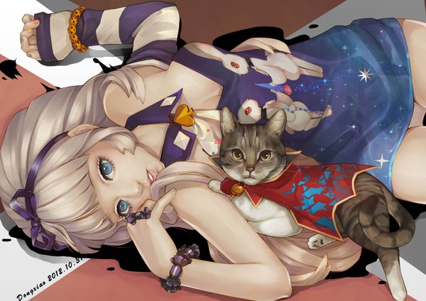 Anime picture 3508x2480 with original dong xiao long hair highres blue eyes light erotic bare shoulders absurdres lying nail polish grey hair girl dress underwear panties bracelet bell cat
