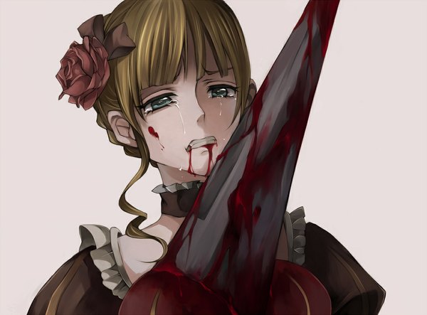 Anime picture 1150x850 with umineko no naku koro ni beatrice tsukioka tsukiho single short hair simple background white background upper body hair flower tears crying blood on face death guro girl dress hair ornament flower (flowers) frills blood