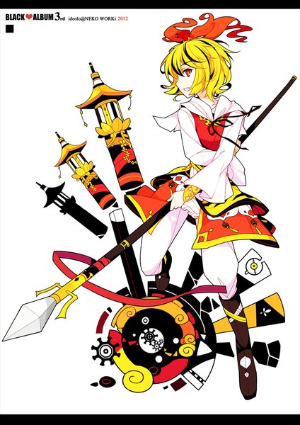 Anime picture 900x1272 with touhou toramaru shou ideolo single tall image short hair simple background blonde hair red eyes white background signed profile letterboxed clenched teeth girl weapon knee boots spear