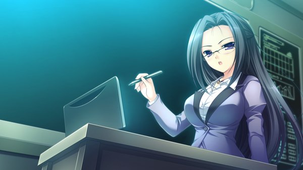 Anime picture 1280x720 with root double fsubakiyama ena long hair black hair wide image purple eyes game cg teacher girl glasses suit