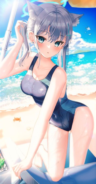 Anime picture 2207x4215 with blue archive shiroko (blue archive) shiroko (swimsuit) (blue archive) li se single long hair tall image looking at viewer blush fringe highres breasts open mouth blue eyes light erotic hair between eyes standing twintails animal ears payot