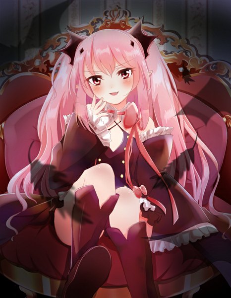Anime picture 700x900 with owari no seraph wit studio kururu tepes hato no yukiji single long hair tall image looking at viewer blush fringe open mouth smile sitting twintails bare shoulders pink hair pink eyes pointy ears bare legs shadow