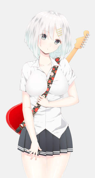 Anime picture 1009x1890 with kantai collection hamakaze destroyer yoshioka hagiji single tall image blush fringe short hair breasts simple background large breasts standing white hair head tilt pleated skirt grey background grey eyes alternate costume zettai ryouiki open collar