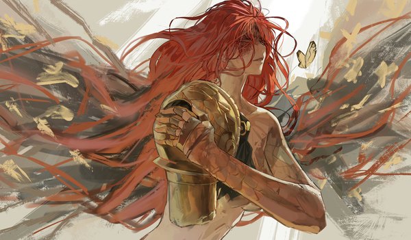 Anime picture 2048x1198 with elden ring malenia blade of miquella malenia goddess of rot park ongjol single long hair highres wide image upper body red hair parted lips holding arm girl insect butterfly prosthesis