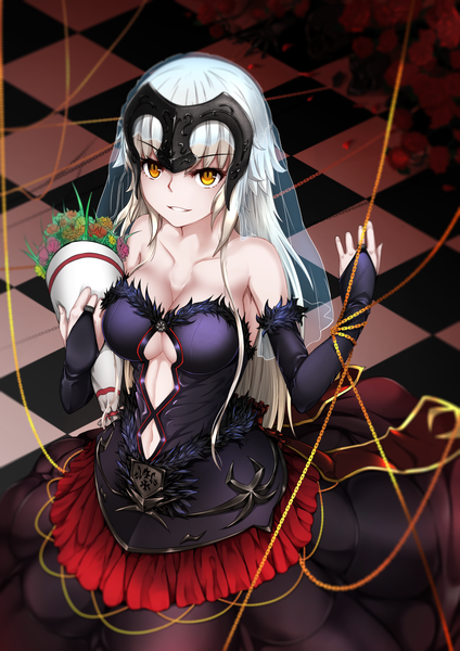 Anime picture 1190x1684 with fate (series) fate/grand order fate/apocrypha jeanne d'arc (fate) (all) jeanne d'arc alter (fate) kagura ren single long hair tall image looking at viewer breasts light erotic standing bare shoulders holding brown eyes white hair indoors light smile fur trim