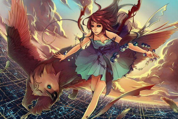 Anime picture 1024x685 with original unodu single long hair brown hair brown eyes sky cloud (clouds) evening sunset spread arms cityscape flying girl dress animal jewelry griffin