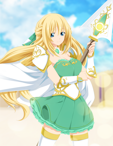 Anime picture 2325x3000 with choujigen game neptune vert tremblax single long hair tall image highres blue eyes blonde hair smile bare shoulders sky cloud (clouds) sunlight coloring smoke sunbeam girl thighhighs dress