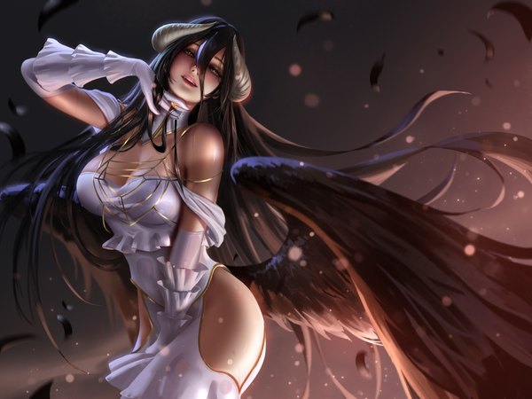 Anime picture 4000x3000 with overlord (maruyama) madhouse albedo (overlord) liang xing single long hair looking at viewer blush fringe highres breasts light erotic black hair simple background hair between eyes standing yellow eyes absurdres cleavage parted lips