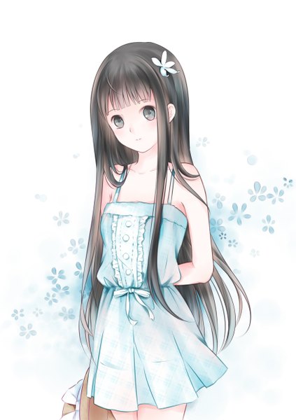 Anime picture 1748x2480 with original rina (artist) single long hair tall image highres black hair white background bare shoulders hair flower girl hair ornament flower (flowers) sundress