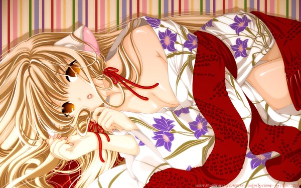 Anime picture 2560x1600 with chobits chii cilou (artist) single long hair highres light erotic blonde hair wide image cleavage japanese clothes orange eyes girl kimono