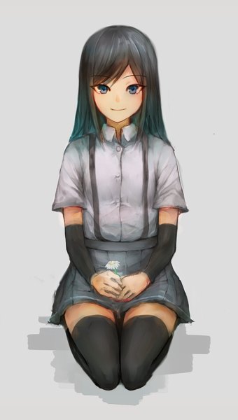 Anime picture 668x1178 with kantai collection asashio destroyer irikawa single long hair tall image looking at viewer fringe blue eyes black hair simple background smile sitting holding blue hair pleated skirt grey background zettai ryouiki kneeling hands clasped