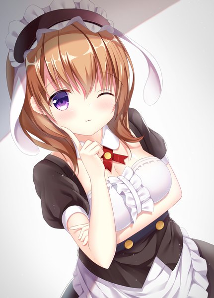 Anime picture 2646x3679 with gochuumon wa usagi desu ka? white fox hoto cocoa pizzzica single tall image blush highres short hair breasts simple background brown hair white background purple eyes animal ears cleavage one eye closed from above wink alternate costume
