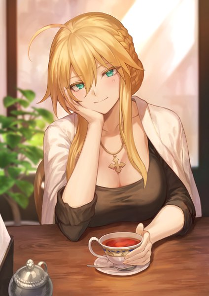 Anime picture 1736x2456 with fate (series) fate/grand order artoria pendragon (all) artoria pendragon (lancer) mashuu (neko no oyashiro) single long hair tall image looking at viewer blush fringe highres breasts blonde hair smile hair between eyes large breasts sitting payot cleavage