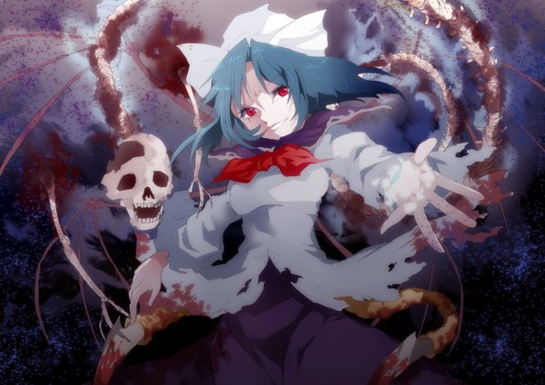 Anime picture 1403x992 with touhou mima katayama kei single looking at viewer short hair smile red eyes blue hair from below torn clothes outstretched arm skull and crossbones girl hat shirt wings