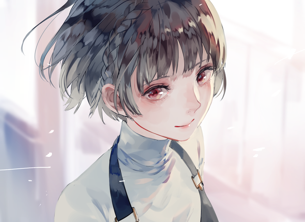 Anime picture 1028x750 with persona 5 persona niijima makoto syokumura single looking at viewer fringe short hair black hair smile red eyes braid (braids) from above wind face crown braid girl uniform school uniform turtleneck