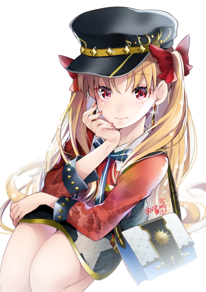 Anime picture 850x1202 with fate (series) fate/grand order ereshkigal (fate) akatsuki hijiri single long hair tall image looking at viewer blush fringe simple background blonde hair red eyes white background signed nail polish sparkle two side up squat chin rest