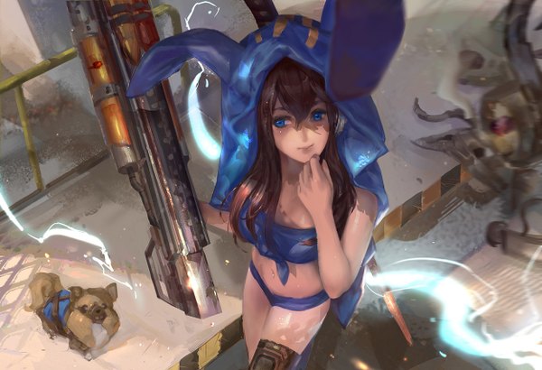 Anime picture 1250x856 with fallout fallout 4 original rabbit (tukenitian) single long hair fringe blue eyes light erotic black hair standing looking away from above eyebrows girl animal hood dog