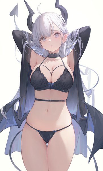 Anime picture 2448x4044 with original thea (nekojira) nekojira single long hair tall image looking at viewer fringe highres breasts light erotic simple background large breasts standing white background cleavage silver hair ahoge tail parted lips
