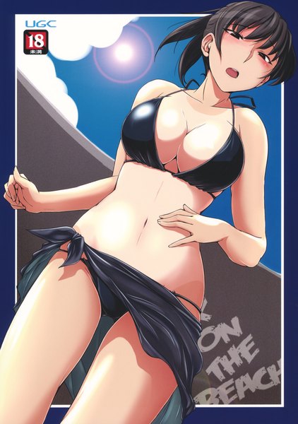 Anime picture 1406x2000 with amagami tsukahara hibiki sasaki akira single tall image looking at viewer blush fringe short hair breasts open mouth light erotic black hair hair between eyes large breasts standing bare shoulders sky cleavage cloud (clouds)