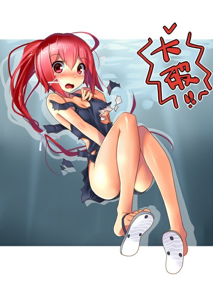 Anime picture 566x800 with kantai collection i-168 submarine katahira masashi single long hair tall image looking at viewer blush open mouth light erotic red eyes bare shoulders ahoge ponytail red hair inscription bare legs tears torn clothes girl