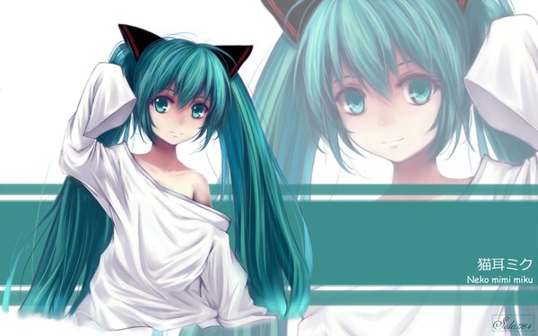 Anime picture 1920x1200 with vocaloid hatsune miku sola7764 single long hair looking at viewer highres wide image white background twintails bare shoulders signed animal ears long sleeves aqua eyes light smile cat ears aqua hair zoom layer girl