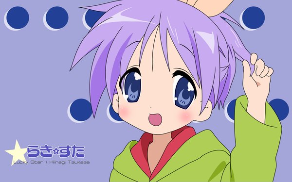 Anime picture 1920x1200 with lucky star kyoto animation hiiragi kagami single looking at viewer blush fringe highres short hair open mouth blue eyes wide image purple hair upper body long sleeves arm up adjusting hair girl