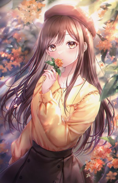 Anime picture 1350x2100 with original tsumugi 8345 single long hair tall image looking at viewer blush fringe brown hair standing holding yellow eyes outdoors long sleeves sunlight blurry double buttons girl skirt flower (flowers)