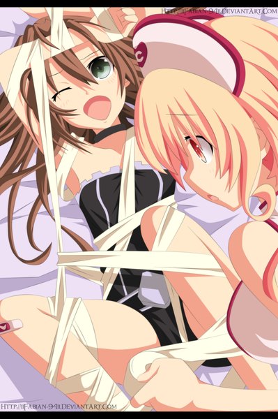 Anime picture 1500x2254 with choujigen game neptune if (choujigen game neptune) compa fabiansm long hair tall image blush open mouth light erotic blonde hair brown hair multiple girls green eyes lying profile one eye closed wink orange eyes coloring letterboxed