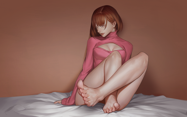 Anime picture 1382x864 with sinceillust single looking at viewer fringe short hair light erotic red eyes brown hair sitting legs girl bed toes turtleneck open-chest turtleneck