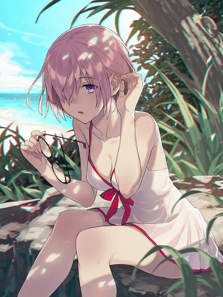 Anime picture 1000x1333 with fate (series) fate/grand order mash kyrielight mash kyrielight (swimsuit of perpetual summer) kusano shinta single tall image looking at viewer blush fringe short hair breasts light erotic sitting purple eyes holding pink hair sky cleavage cloud (clouds)