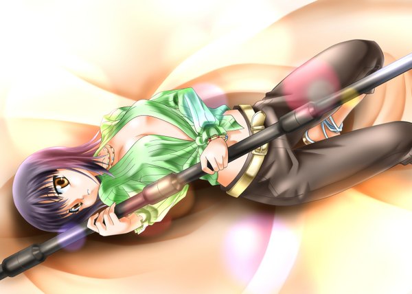 Anime picture 1450x1036 with to aru majutsu no index j.c. staff itsuwa bisyamonoh (artist) single looking at viewer short hair breasts light erotic black hair large breasts holding brown eyes purple hair full body bent knee (knees) lying open clothes no bra midriff
