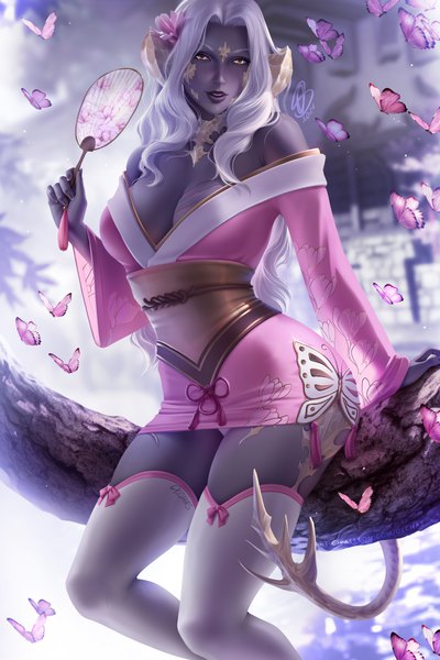 Anime-Bild 2600x3900 mit final fantasy final fantasy xiv square enix au ra olchas single long hair tall image looking at viewer highres breasts light erotic large breasts sitting bare shoulders holding signed yellow eyes cleavage silver hair