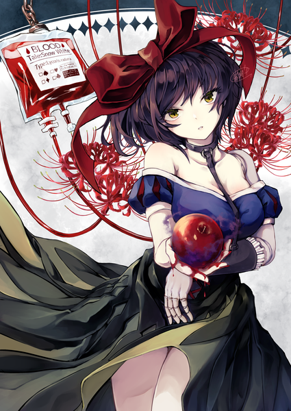 Anime picture 2508x3541 with snow white and the seven dwarfs original snow white canned rose single tall image looking at viewer highres short hair black hair signed yellow eyes cleavage head tilt doll joints girl flower (flowers) bow hair bow blood