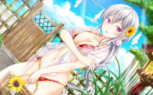 Anime picture 1920x1200 with girlfriend (kari) shigeto akiho masa (mirage77) single long hair looking at viewer blush fringe highres breasts open mouth light erotic hair between eyes standing purple eyes holding payot sky silver hair cloud (clouds)