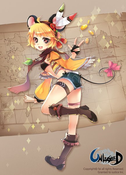Anime picture 800x1108 with unleashed fei (pixiv) single tall image blush short hair open mouth light erotic blonde hair animal ears tail animal tail looking back black eyes girl gloves bow shorts boots scarf