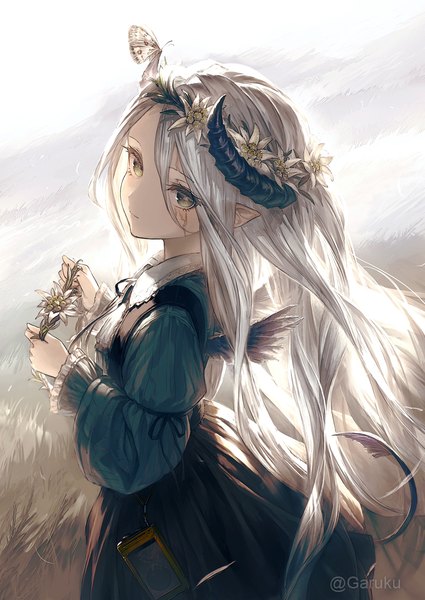 Anime picture 850x1200 with original garuku single long hair tall image looking at viewer fringe standing holding green eyes signed silver hair outdoors tail long sleeves hair flower horn (horns) pointy ears puffy sleeves twitter username