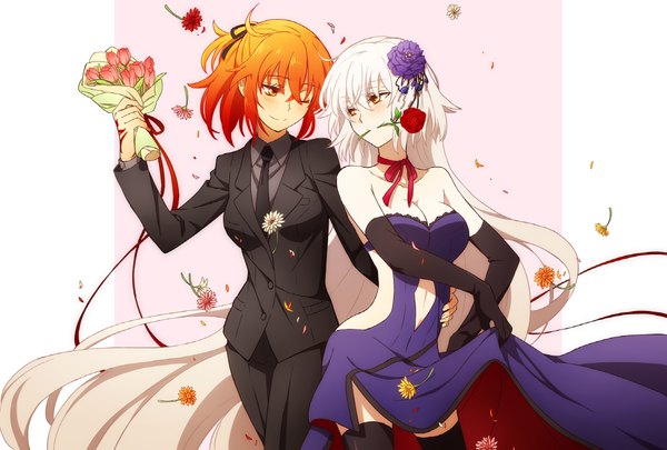 Anime picture 1049x709 with fate (series) fate/grand order fate/apocrypha jeanne d'arc (fate) (all) jeanne d'arc alter (fate) fujimaru ritsuka (female) oiun (artist) long hair blush fringe short hair breasts light erotic simple background smile hair between eyes large breasts multiple girls holding yellow eyes
