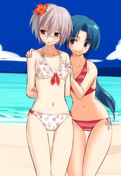 Anime picture 760x1100 with suzumiya haruhi no yuutsu suzumiya haruhi no shoushitsu kyoto animation nagato yuki asakura ryouko kakaon long hair tall image blush fringe short hair breasts blue eyes light erotic hair between eyes standing multiple girls brown eyes blue hair sky