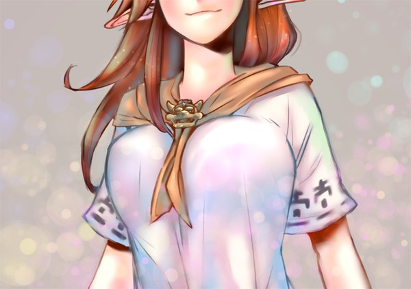 Anime picture 2150x1512 with the legend of zelda the legend of zelda: majora's mask nintendo cremia illust mi single long hair highres breasts simple background smile brown hair large breasts upper body pointy ears grey background short sleeves head out of frame girl