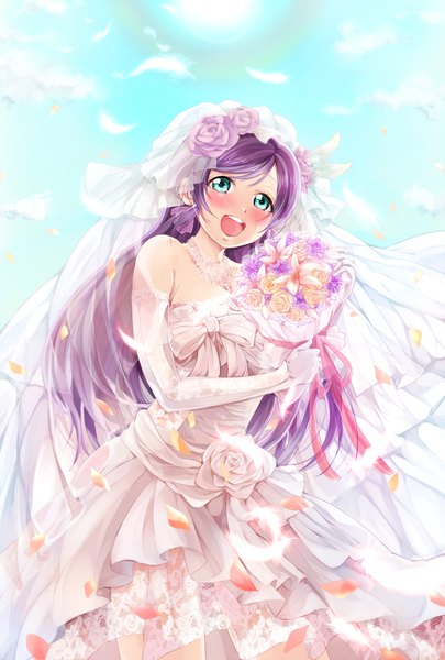 Anime picture 900x1332 with love live! school idol project sunrise (studio) love live! toujou nozomi arihara (arhr0) single long hair tall image looking at viewer open mouth blue eyes bare shoulders holding sky purple hair cloud (clouds) hair flower happy wedding girl