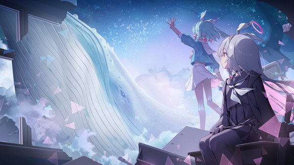 Anime picture 2880x1620 with blue archive arona (blue archive) plana (blue archive) penguin say long hair highres short hair wide image standing sitting multiple girls blue hair silver hair arm up girl uniform ribbon (ribbons) 2 girls hair ribbon animal