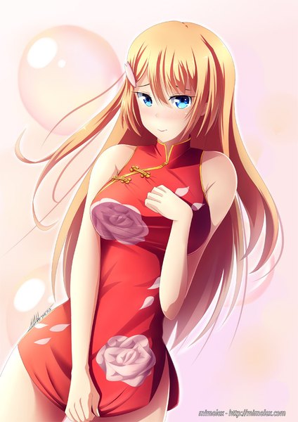 Anime picture 640x905 with taimadou gakuen 35 shiken shoutai ootori ouka mimelex single long hair tall image blush fringe breasts blue eyes light erotic simple background smile hair between eyes large breasts bare shoulders signed traditional clothes orange hair embarrassed