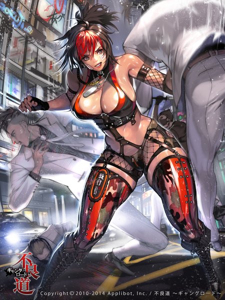 Anime picture 3000x4000 with furyou michi ~gang road~ nightmadness tall image highres short hair breasts light erotic large breasts looking away sky multicolored hair two-tone hair silver eyes girl boy gloves fingerless gloves bandaid
