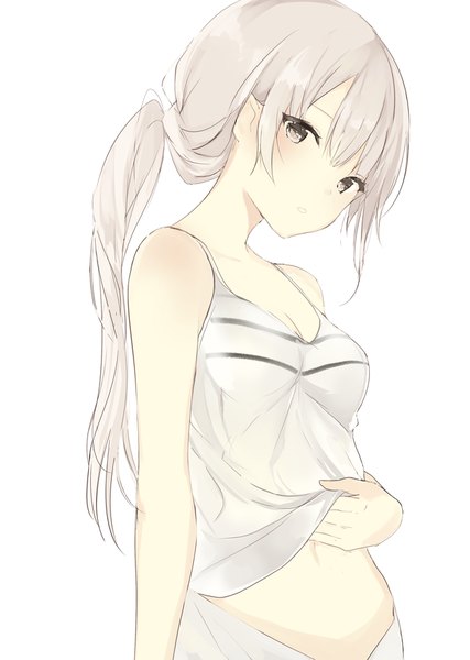 Anime picture 650x914 with original lpip single long hair tall image looking at viewer blush fringe breasts simple background hair between eyes white background bare shoulders cleavage silver hair upper body head tilt bare belly sleeveless low ponytail