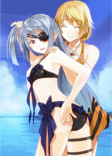 Anime picture 750x1049 with infinite stratos 8bit charles dunois laura bodewig kabocha (monkey4) long hair tall image open mouth light erotic blonde hair smile red eyes multiple girls sky silver hair cloud (clouds) eyes closed girl 2 girls swimsuit