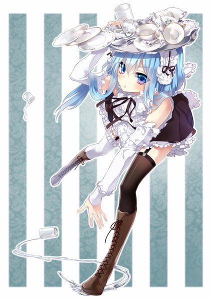 Anime picture 2893x4092 with original roma single long hair tall image looking at viewer highres blue eyes bare shoulders holding blue hair maid leaning leaning forward striped lacing falling striped background different thighhighs girl