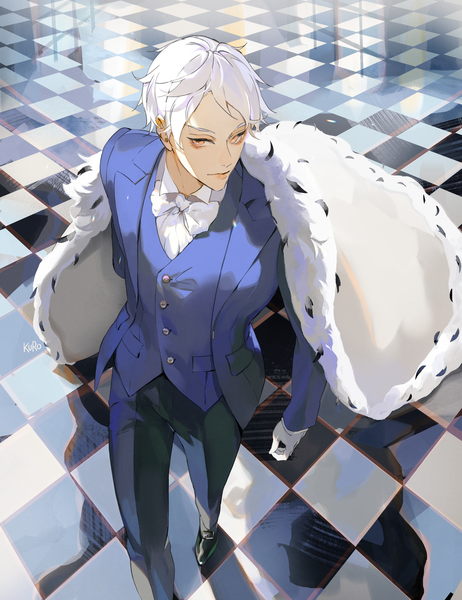 Anime picture 2724x3536 with axis powers hetalia studio deen prussia (hetalia) kamui (kurohshiro1) single tall image highres short hair yellow eyes white hair from above turning head checkered floor walking floor boy gloves white gloves bowtie suit