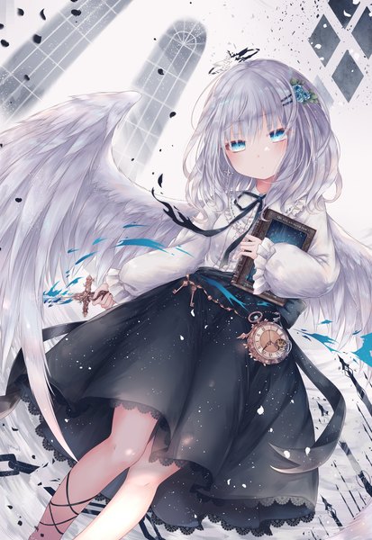 Anime picture 2952x4287 with original yenshin (k5142204) single long hair tall image looking at viewer blush fringe highres blue eyes hair between eyes standing holding silver hair head tilt hair flower dutch angle angel wings girl skirt