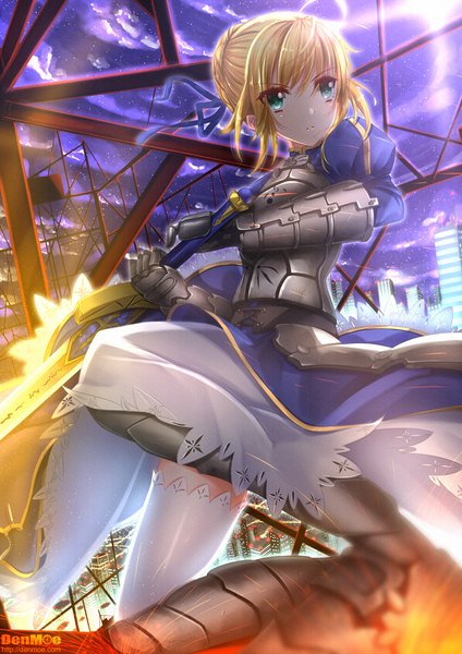 Anime picture 868x1228 with fate (series) fate/stay night studio deen type-moon artoria pendragon (all) saber swordsouls single tall image short hair blonde hair green eyes cloud (clouds) girl thighhighs dress gloves weapon white thighhighs sword